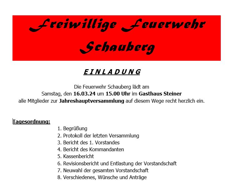 Jahreshauptversammlung der FFW Schauberg