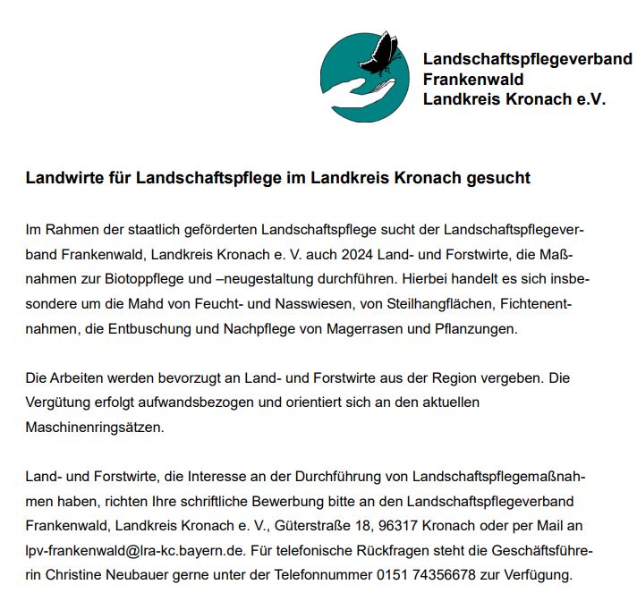 Ausschreibung: Landwirte für Landschaftspflege im Landkreis Kronach gesucht